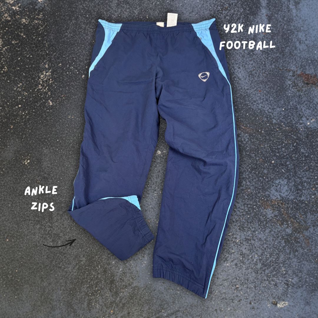 Vintage Y2K Nike Football Track Pants L Navy Blue Detail Wide Leg Windbreakers
