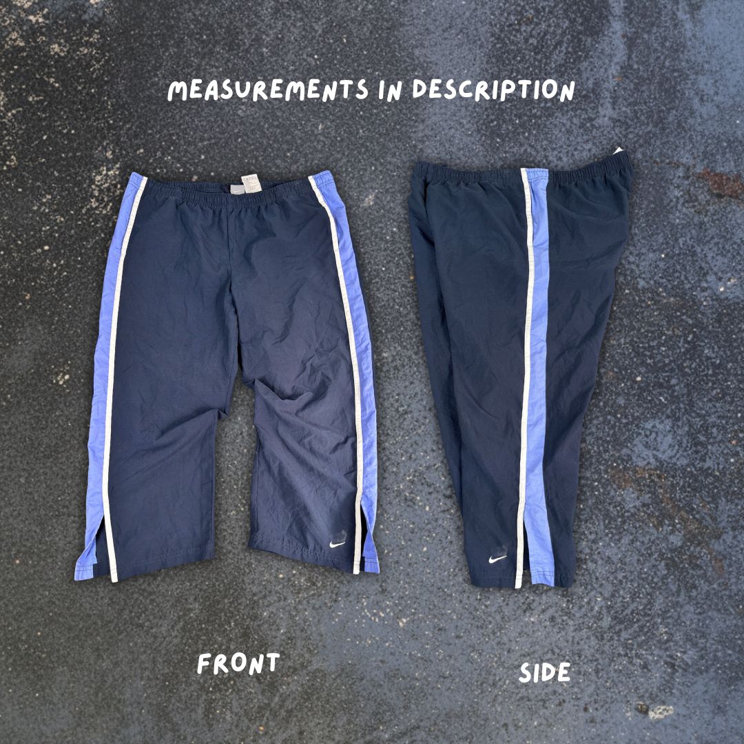 Vintage Y2K Nike 3/4 Track Pants Women's XL Navy Blue White Panels Ankle Swoosh Slit Wide Leg