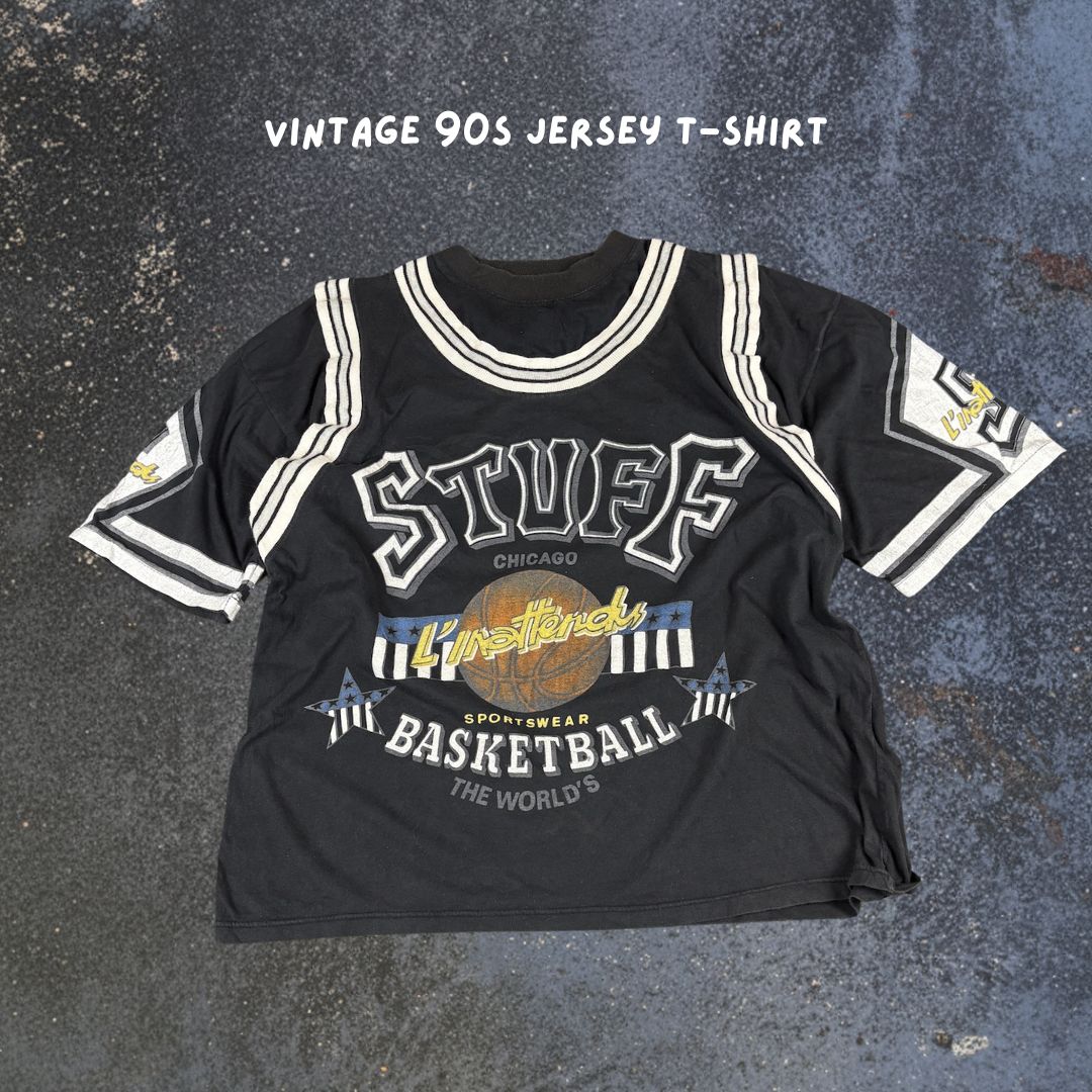 Vintage 90s Basketball Jersey T-Shirt Size XL Black True Vintage Sportswear