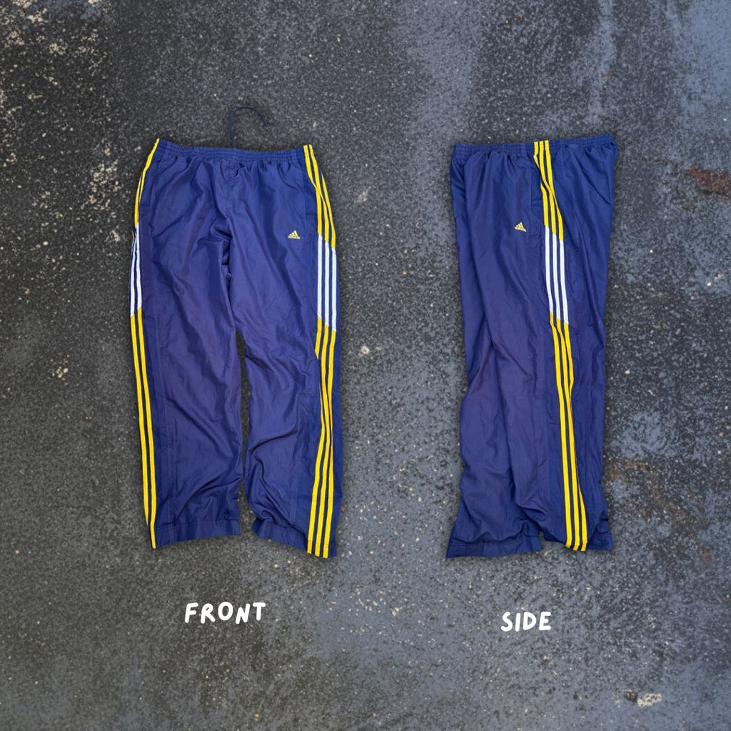 Vintage Y2K Adidas Track Pants Size XL Navy Yellow Logo Wide Leg Windbreaker