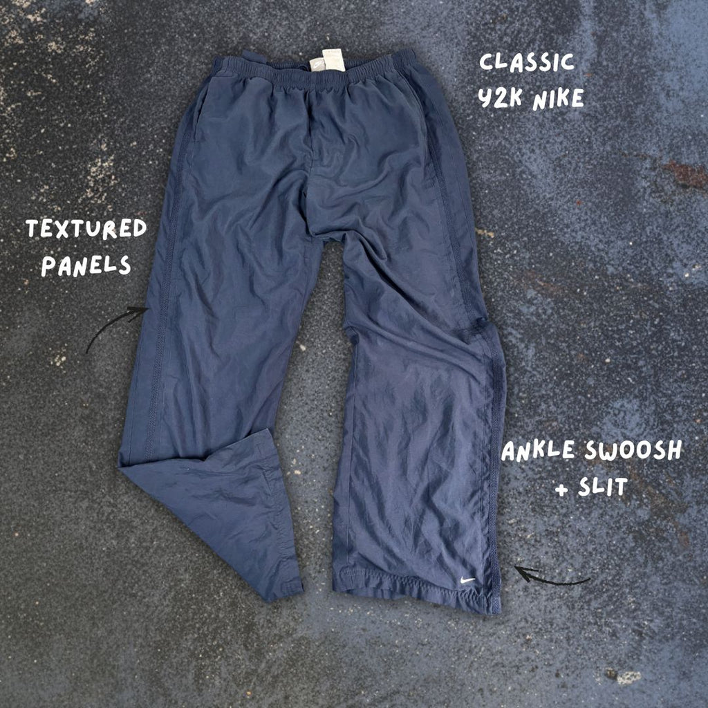 Vintage Y2K Nike Track Pants Women's XL Navy Textured Panels White Ankle Swoosh Slit Wide Leg