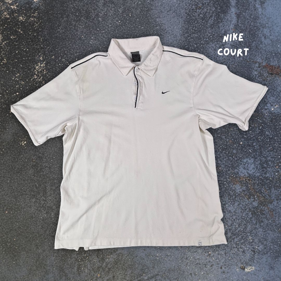 Vintage Y2K Nike Court Polo Shirt Men’s XL White Navy Mesh Texture