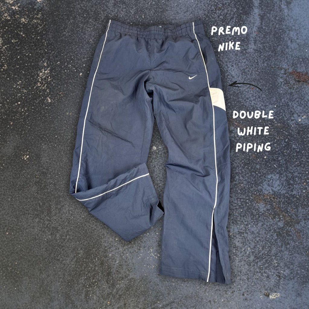 Y2K to 10s Nike Track Pants Men’s M Navy Double White Piping Swoosh Ankle Zip Wide Leg