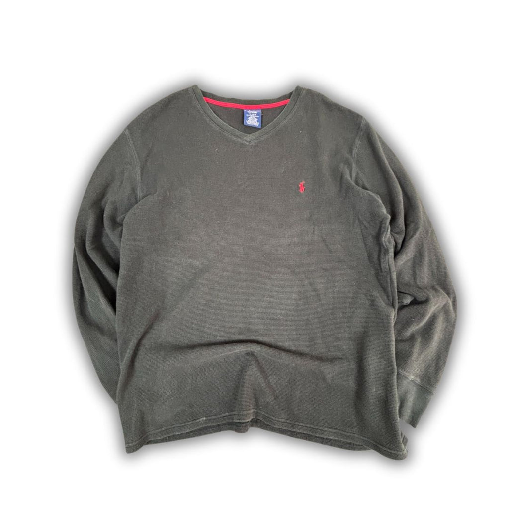 Y2K Polo Ralph Lauren Jumper Men's XL Black Red Pony Waffle Knit Long Sleeve V-Neck