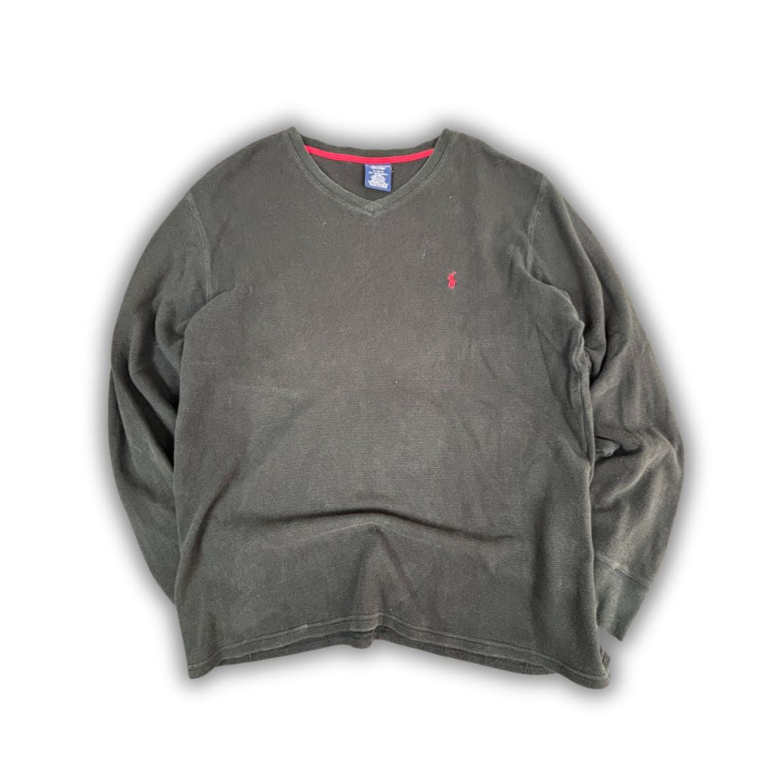 Y2K Polo Ralph Lauren Jumper Men's XL Black Red Pony Waffle Knit Long Sleeve V-Neck