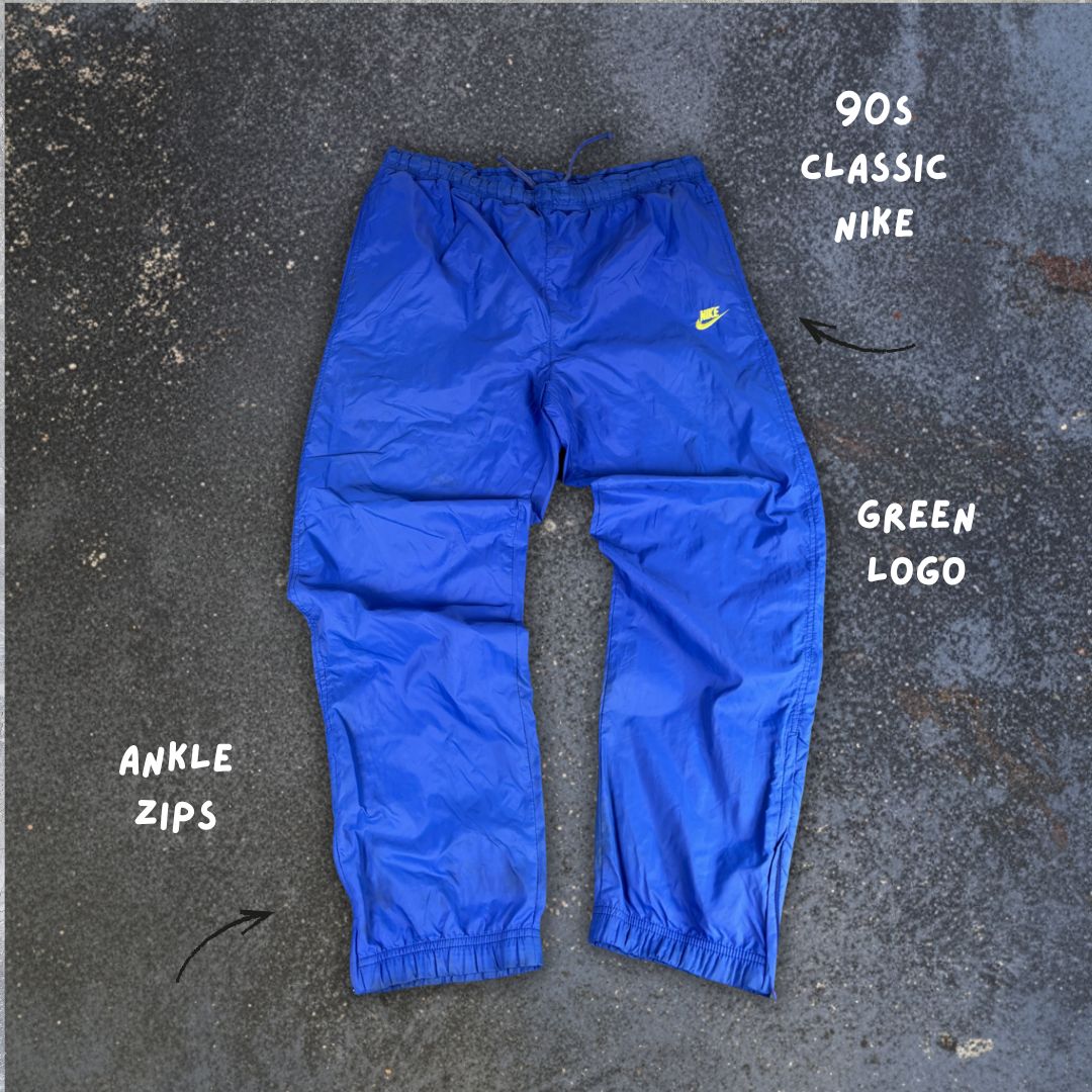 Vintage 90's Nike Track Pants Men's M Blue Green Hip Swoosh Logo Parachute Ankle Zip Straight Leg