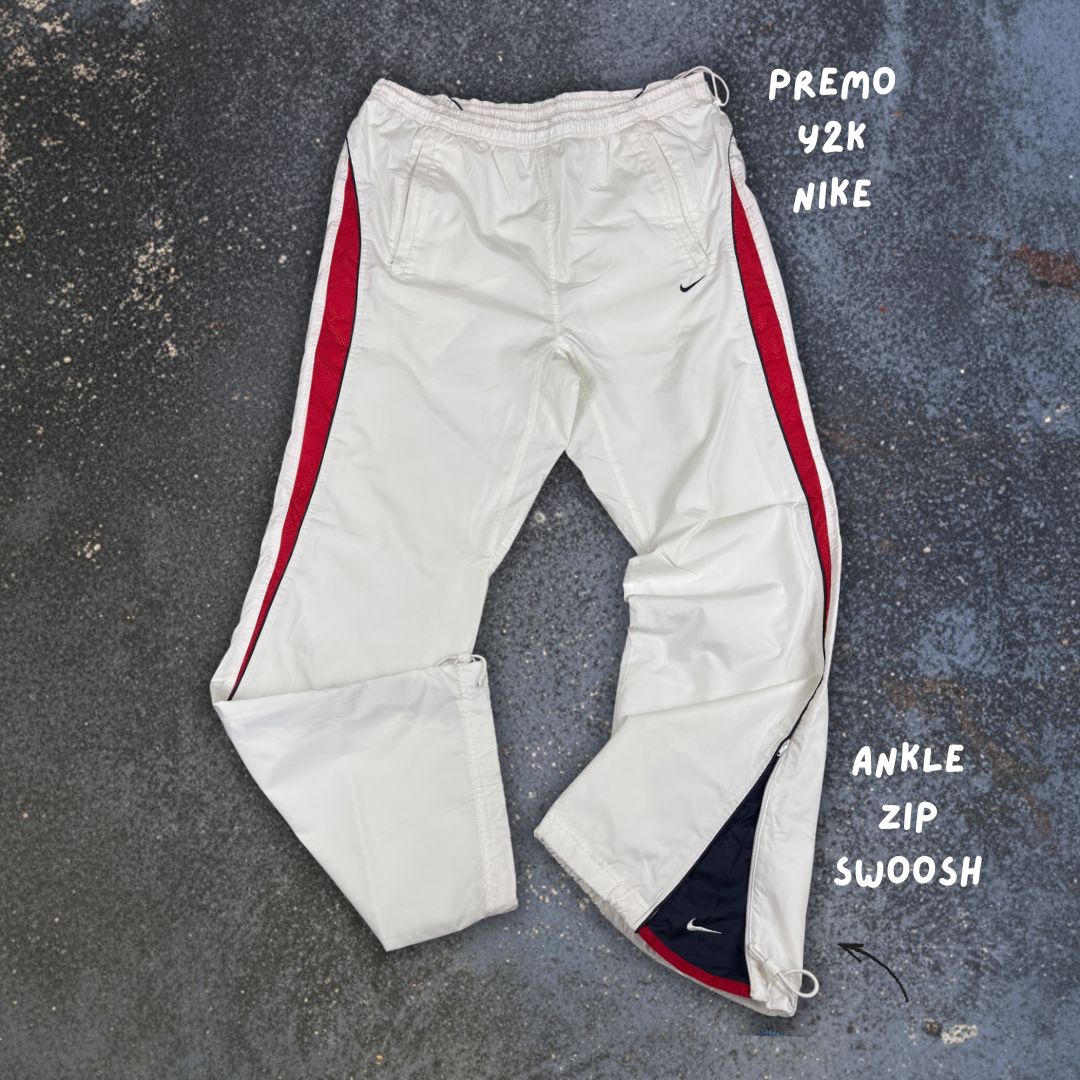 Vintage Y2K Nike Track Pants Size L White Red Detail Wide Leg Bungee Waist Ankle Zip