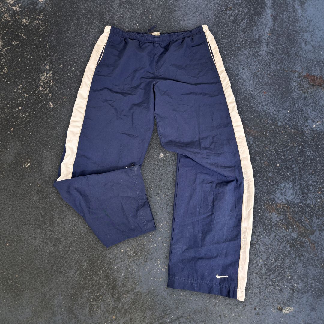 Vintage Y2K Nike Track Pants Women’s L Navy White Ankle Swoosh Wide Leg Ankle Zip