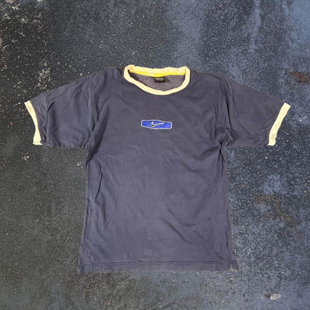 Vintage 90s Nike Ringer T-Shirt Women’s S Navy Blue Embroidered Logo Distressed Faded