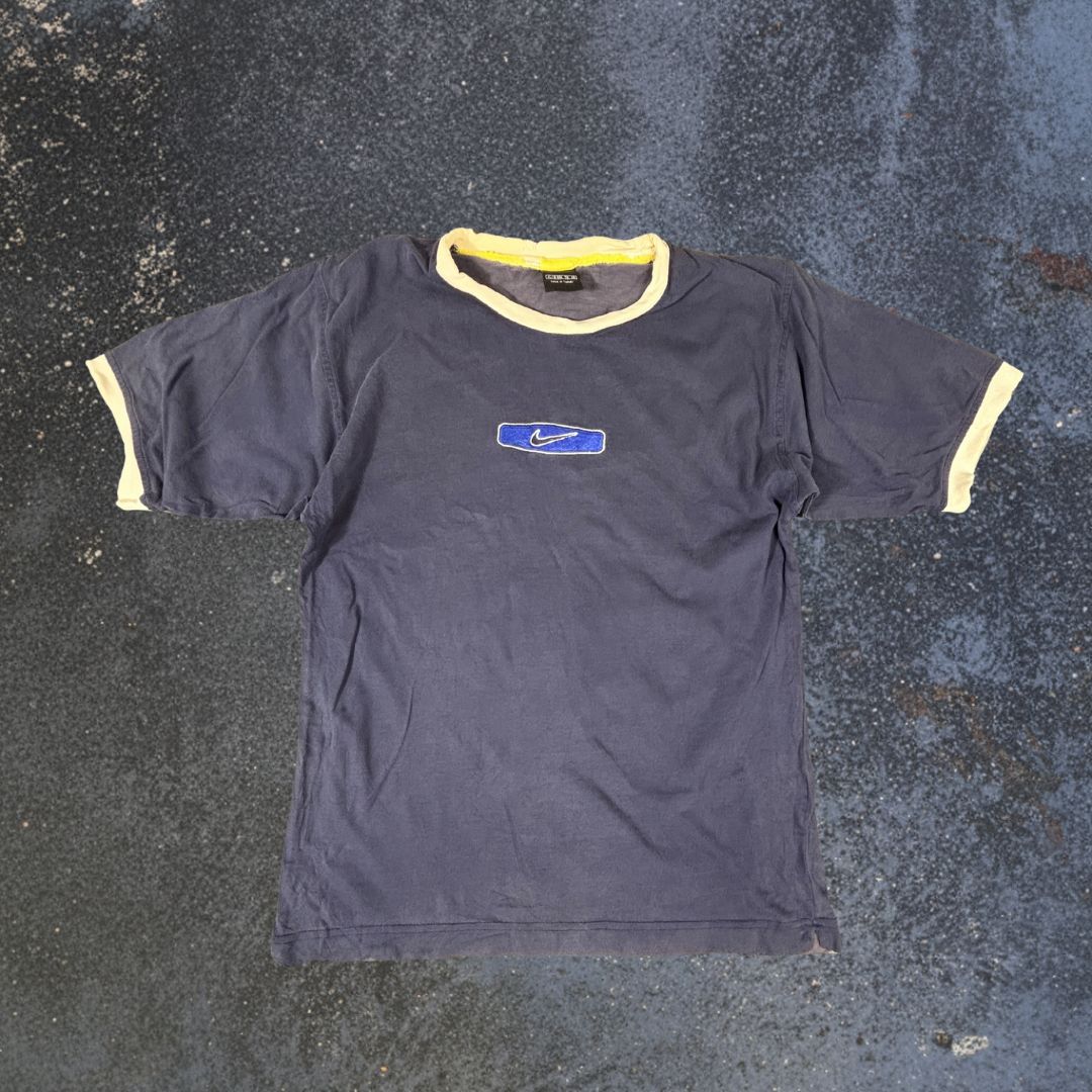 Vintage 90s Nike Ringer T-Shirt Women’s S Navy Blue Embroidered Logo Distressed Faded