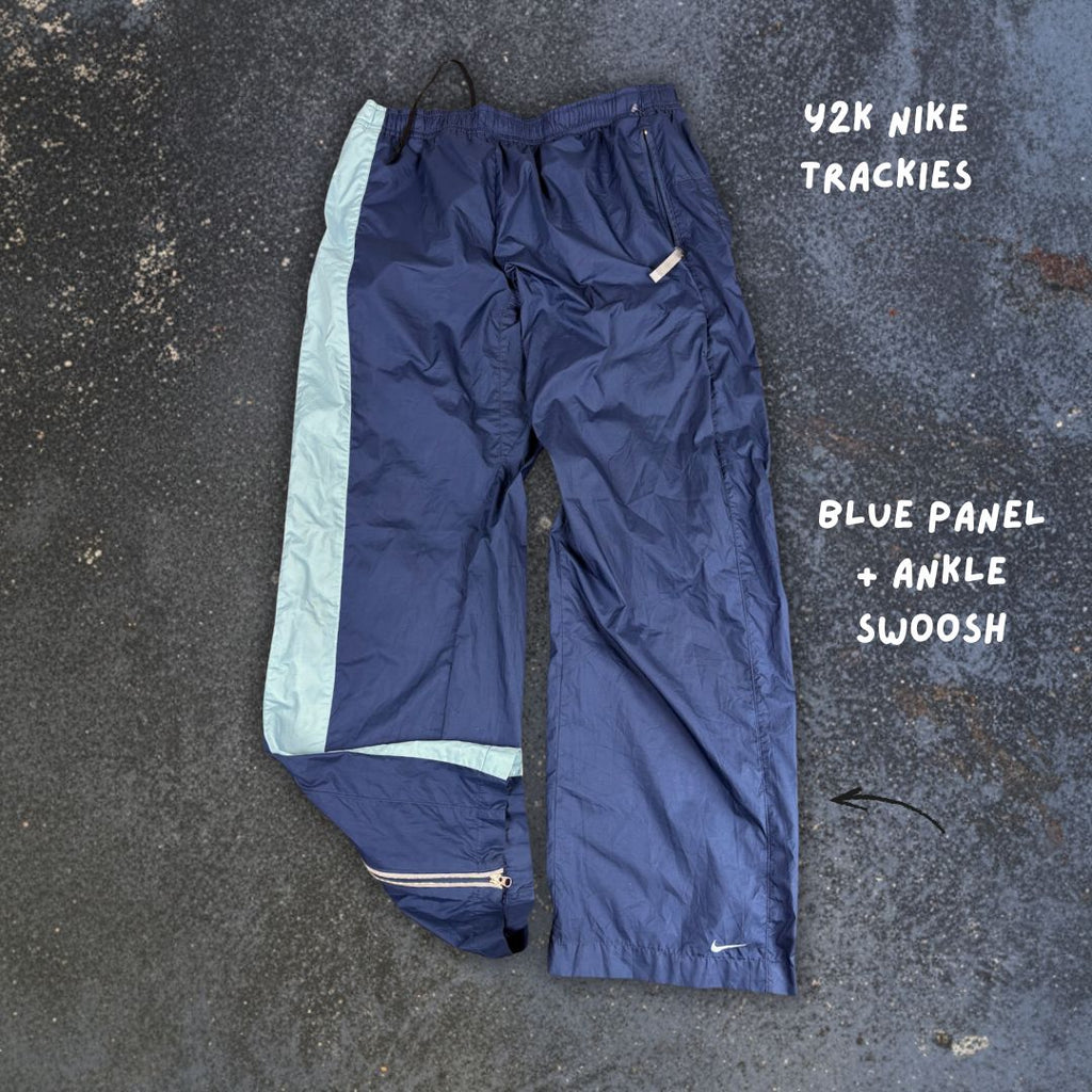 Vintage Y2K Nike Track Pants Women's Size S Double Blue Swoosh Ankle Zip Windbreakers Wide Leg