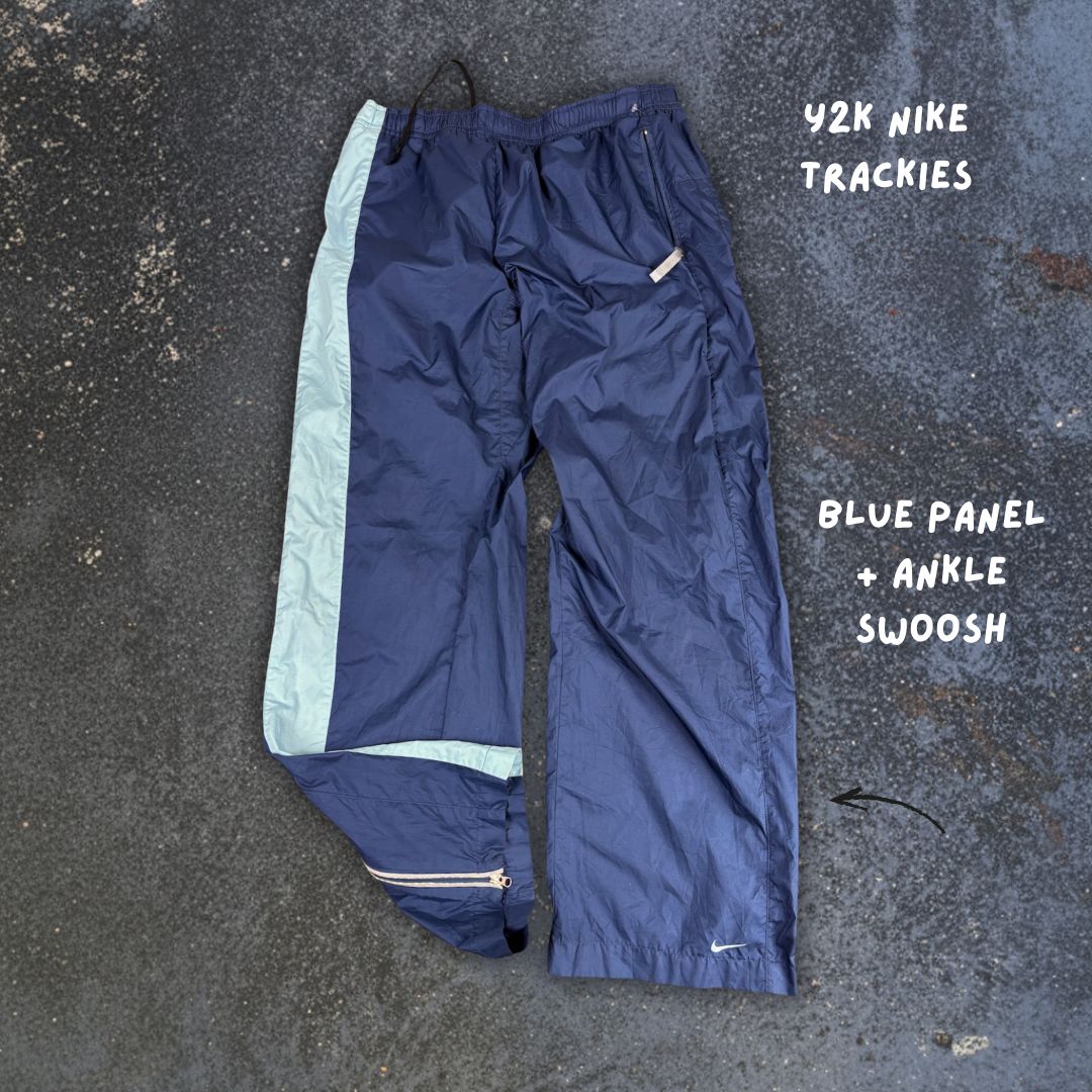 Vintage Y2K Nike Track Pants Women's Size S Double Blue Swoosh Ankle Zip Windbreakers Wide Leg