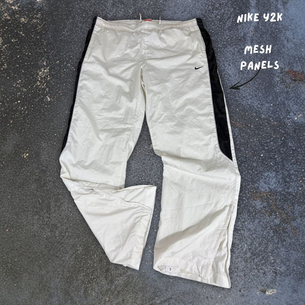 Vintage Y2K Nike Track Pants Women’s L White Black Mesh Panel Swoosh Wide Leg Ankle Swoosh