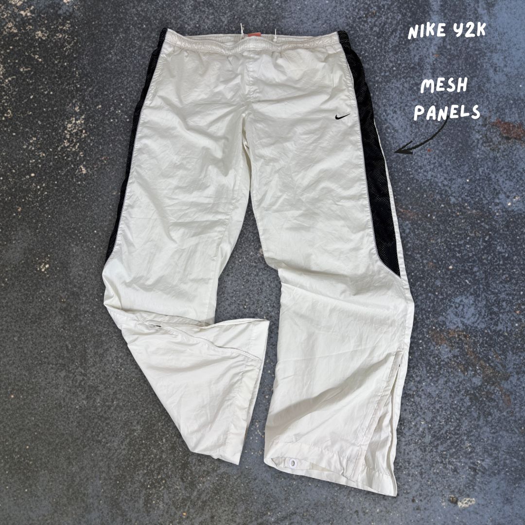 Vintage Y2K Nike Track Pants Women’s L White Black Mesh Panel Swoosh Wide Leg Ankle Swoosh