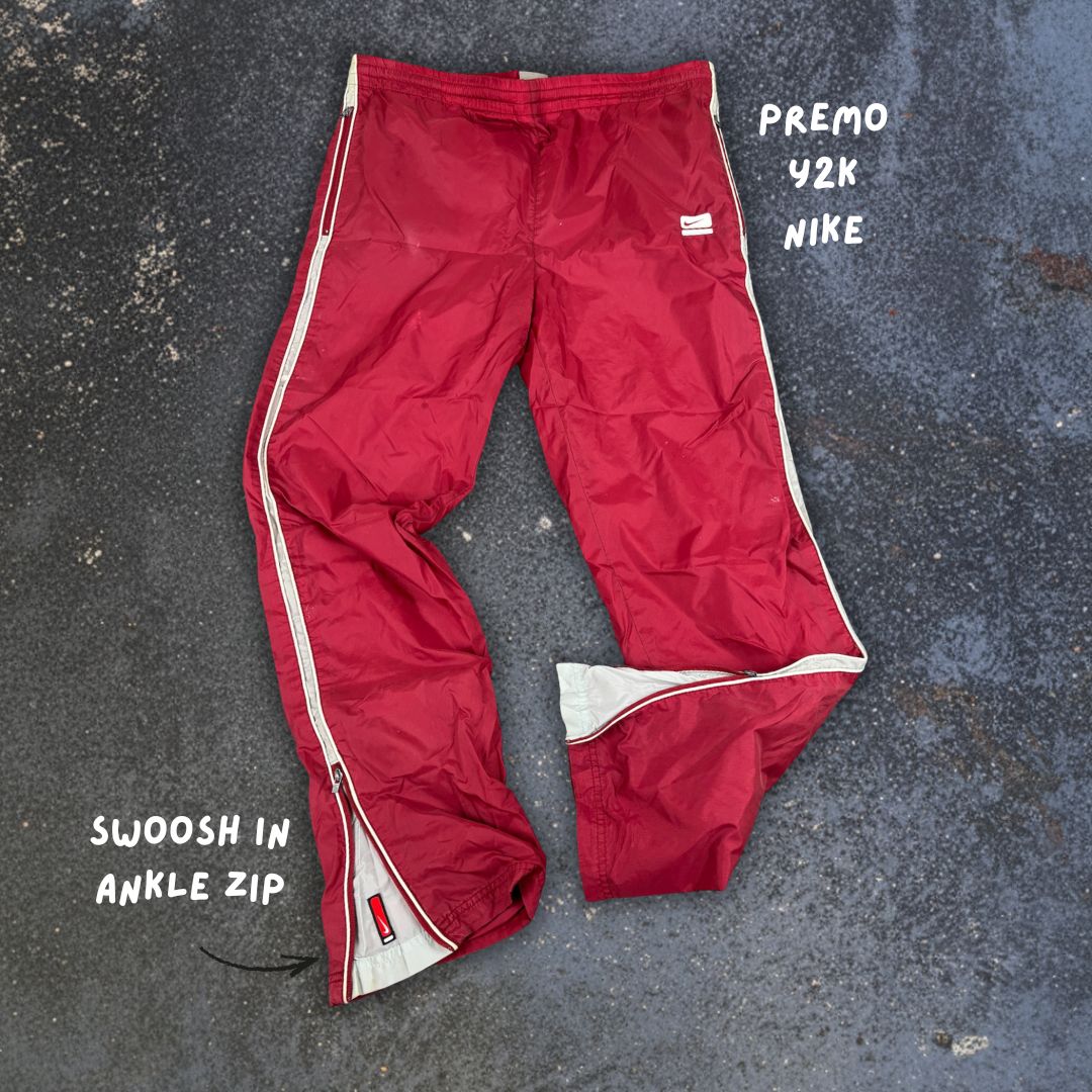 Vintage Y2K Nike Track Pants Womens M Red Grey White Detail Wide Leg Ankle Zip Logo