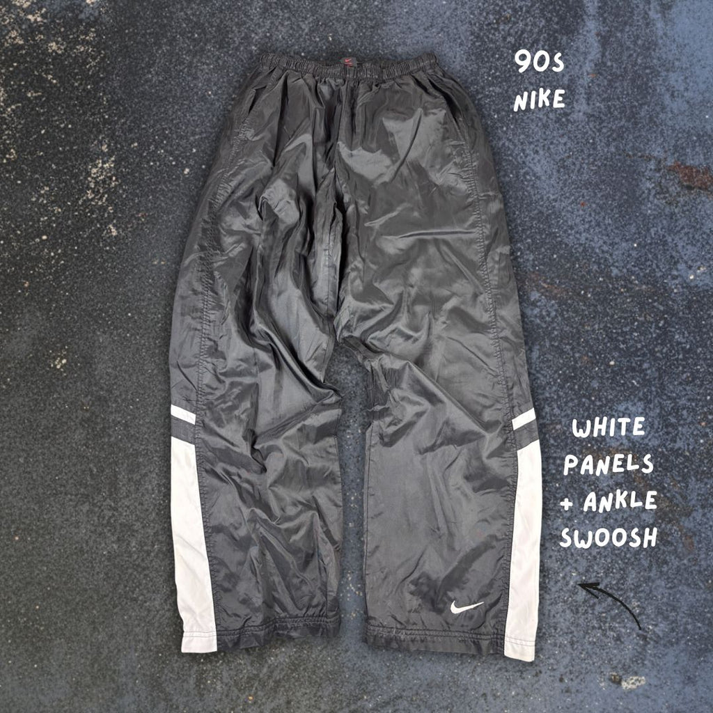 Vintage 90s Nike Track Pants Size L Black White Panels Ankle Swoosh Zip Super Wide Leg