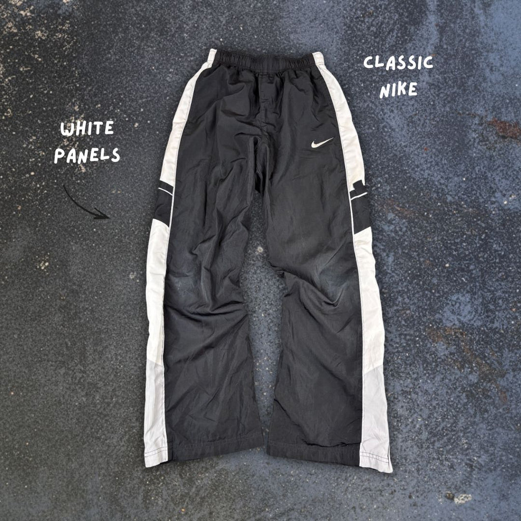 Nike Track Pants Women XXS Black White Panels Hip Swoosh Ankle Zip Wide Straight Leg