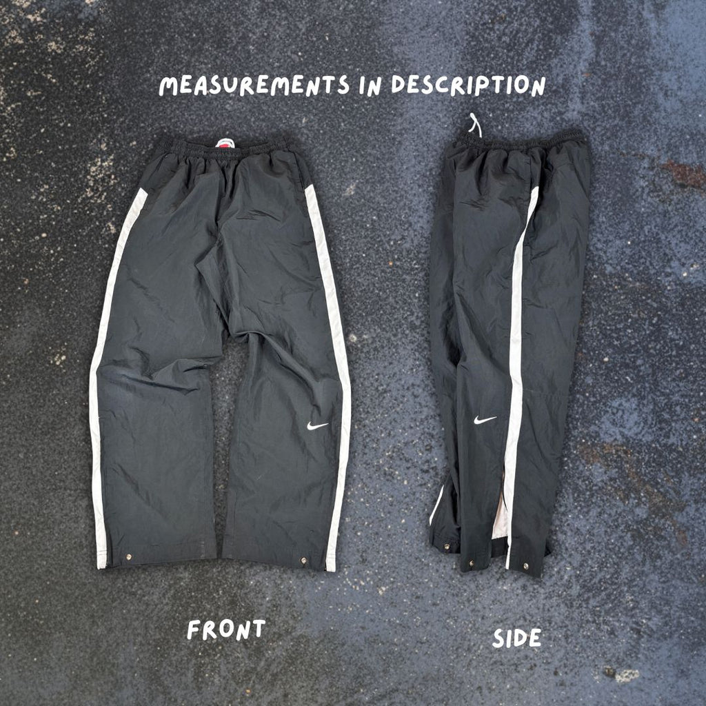 Vintage Y2K Nike Team Track Pants Size M Black White Panels Swoosh Ankle Zip Baggy