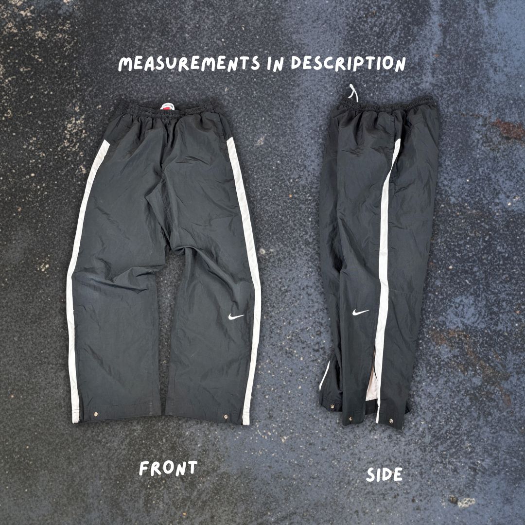 Vintage Y2K Nike Team Track Pants Size M Black White Panels Swoosh Ankle Zip Baggy