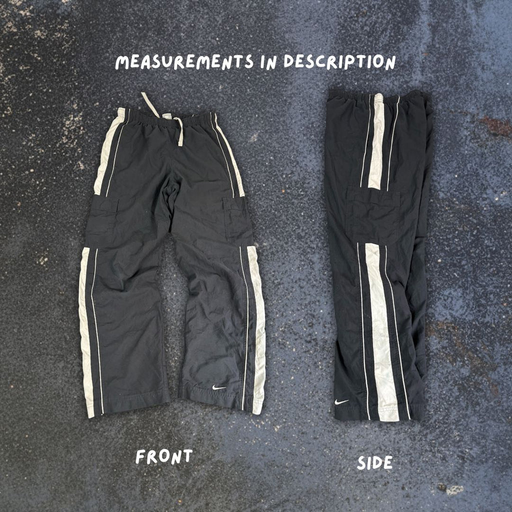 Vintage Y2K Nike Cargo Track Pants Men's M Black Grey Panels White Piping Ankle Swoosh Baggy