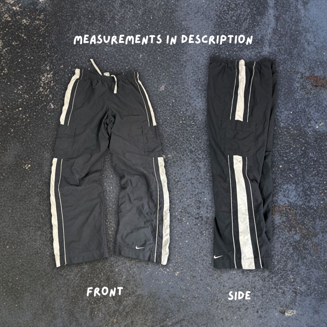 Vintage Y2K Nike Cargo Track Pants Men's M Black Grey Panels White Piping Ankle Swoosh Baggy