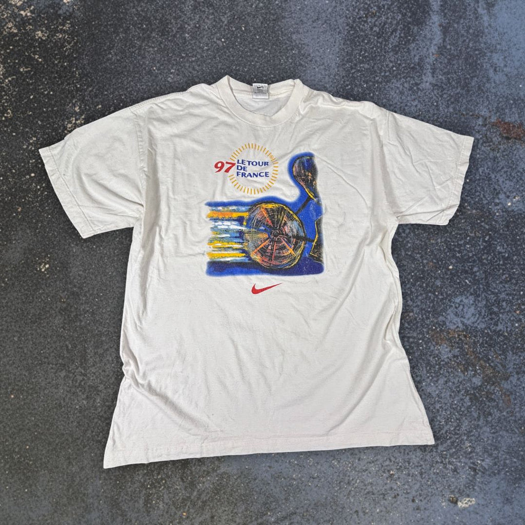 Vintage 90s Nike Tour De France T-Shirt Men’s XL White Cotton 1997 Crew Neck