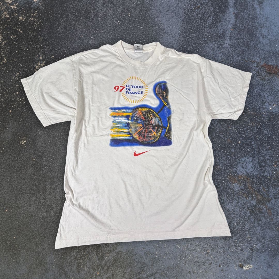 Vintage 90s Nike Tour De France T-Shirt Men’s XL White Cotton 1997 Crew Neck