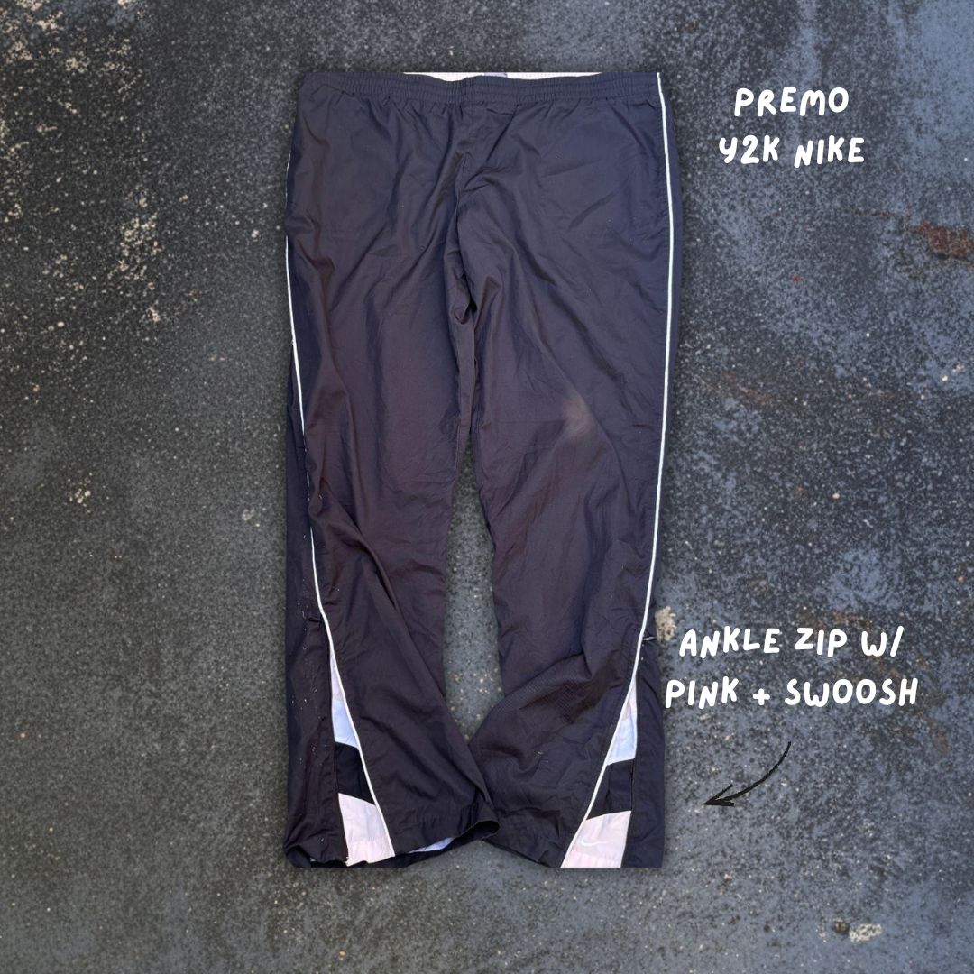 Vintage Y2K Nike Track Pants Women’s Size XL Black White Piping Pink Zip Wide Leg