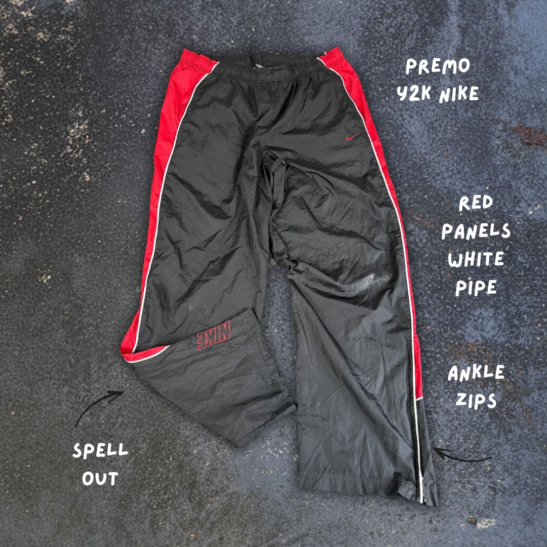 Vintage Y2K Nike Track Pants Men's L Black Grey Piping Red Panel Spell Out Swoosh Ankle Zips Wide Leg