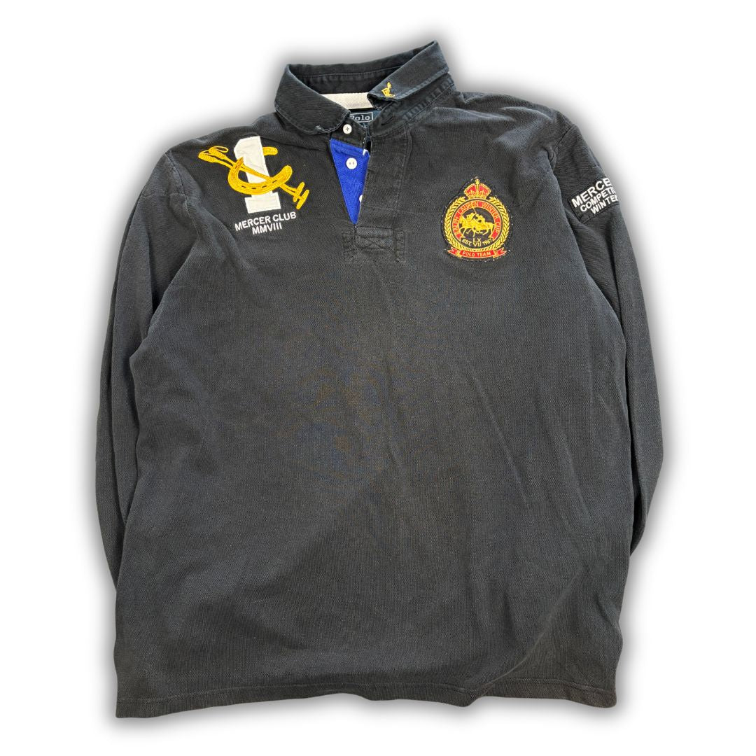 Vintage 90's Ralph Lauren Rugby Polo Men's XL Black Winter Cup Embroidered Patch Collared