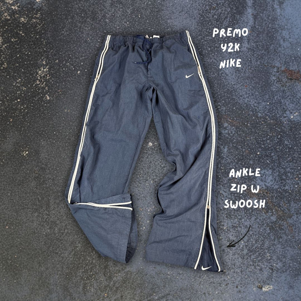 Vintage Y2K Nike Track Pants Men's M Navy White Piping Swoosh Ankle Zip Straight Leg