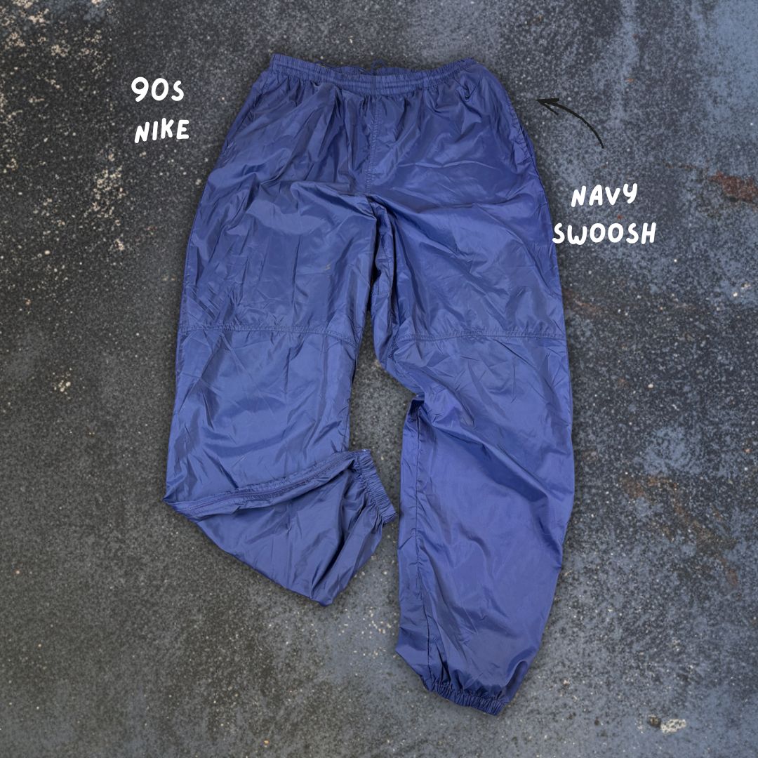 Vintage 90s Nike Track Pants Women’s XL Navy Hip Swoosh Parachute Ankle Zip Wide Leg