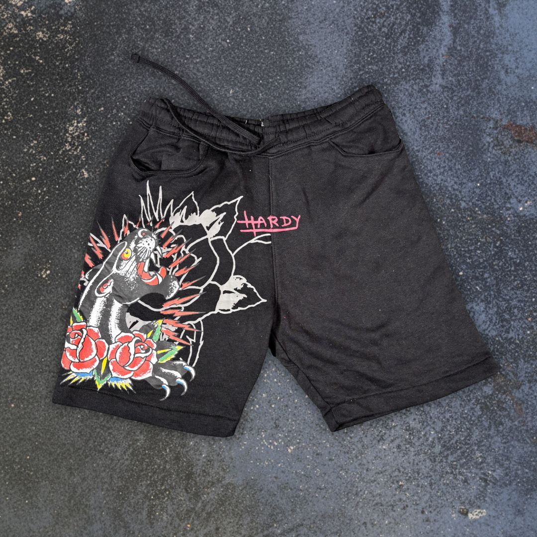 Ed Hardy Sweat Shorts Size S Black Tattoo Art Panther Rose Y2K Streetwear Style