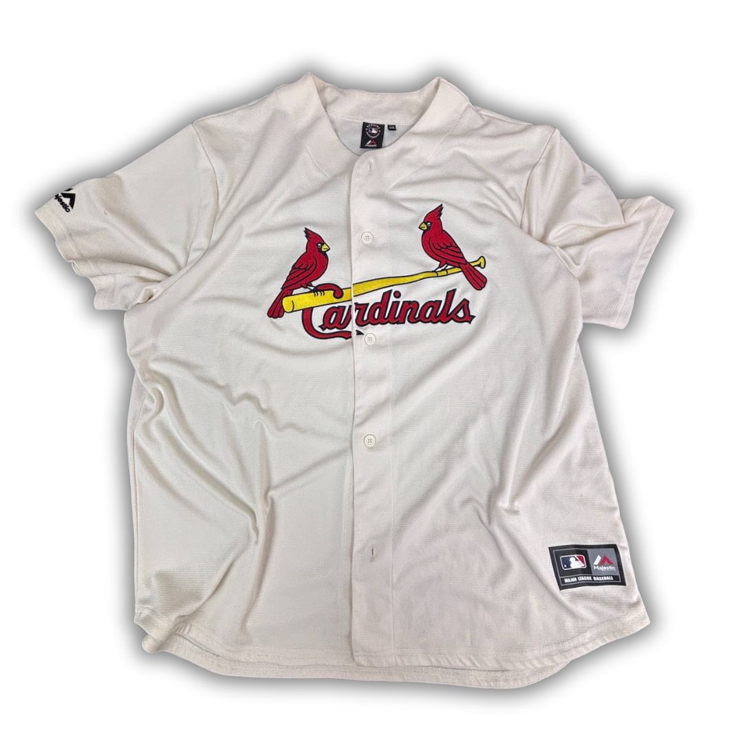 Classic Majestic Cardinals Baseball Jersey Men's XXL Cream Embroidered Logo Mesh Button Down