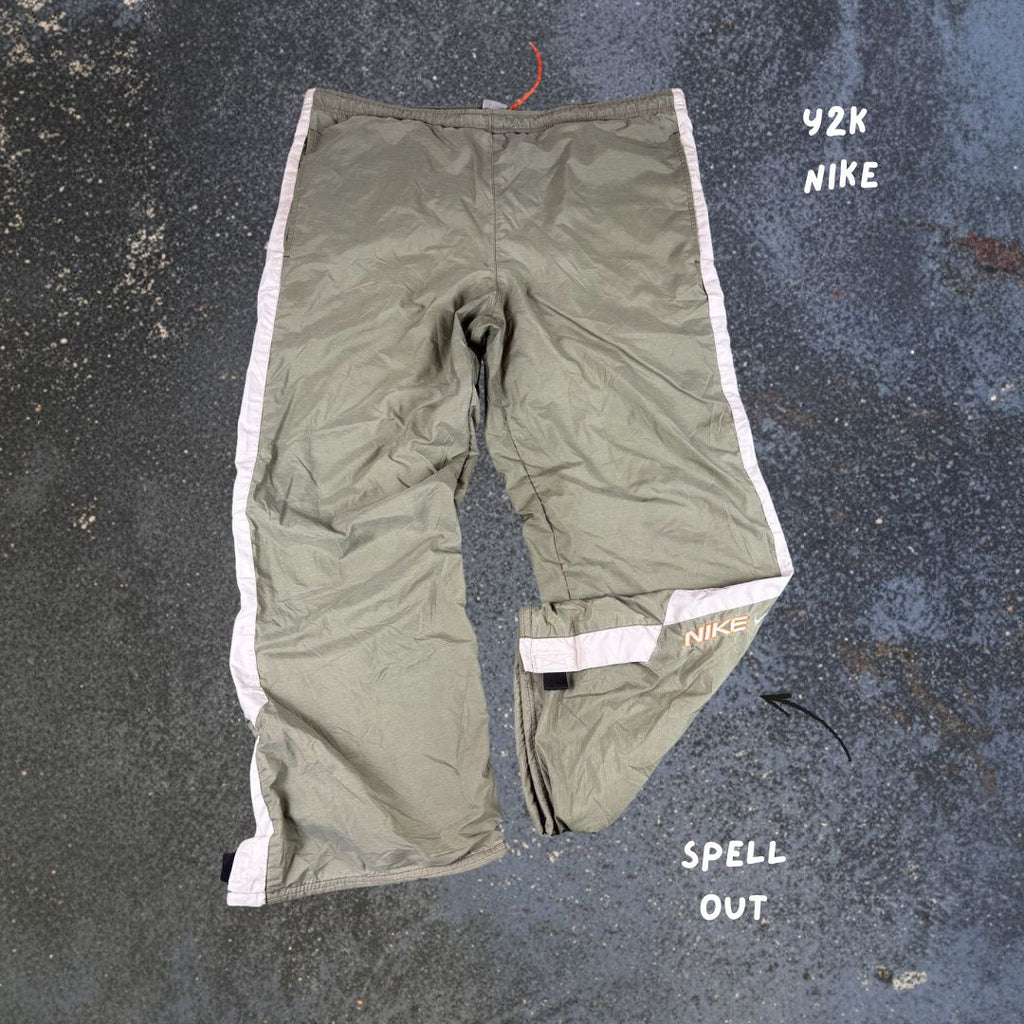 Vintage Y2K Nike Track Pants Size M Green Grey Panel Spell Out Leg Velcro Wide Leg Rare
