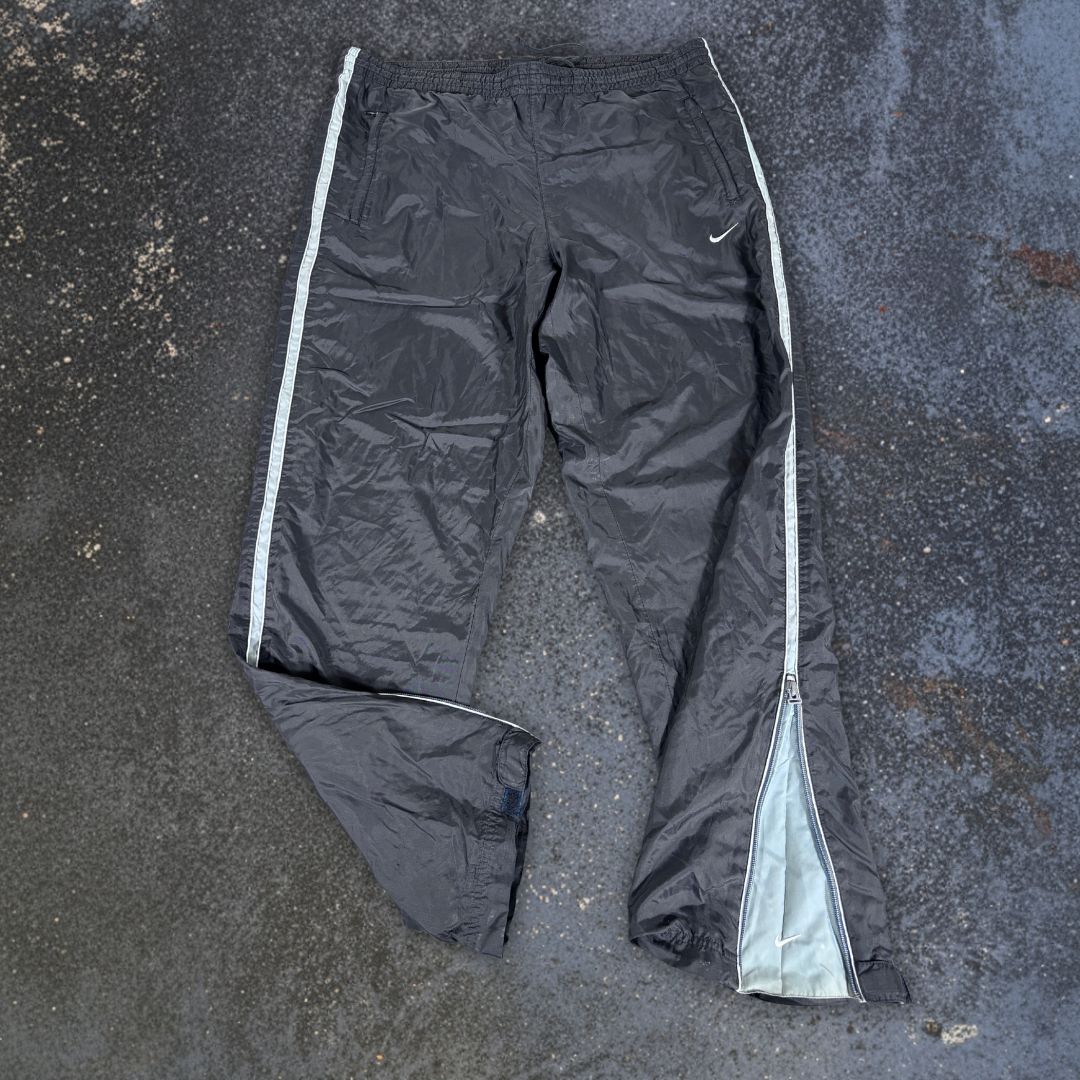 Vintage 90s Nike Track Pants Size M Black Green Wide Leg Ankle Swoosh Nylon Style