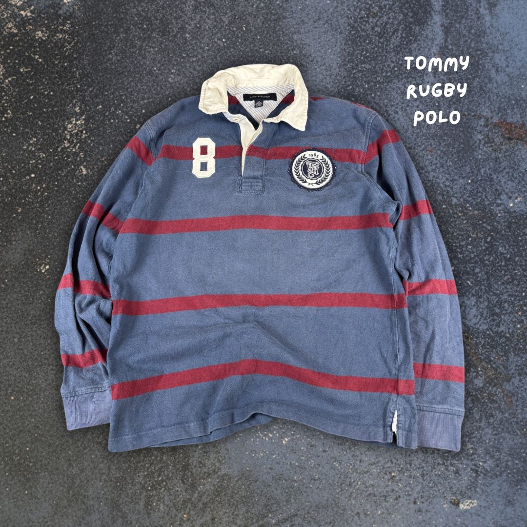 Tommy Hilfiger Rugby Polo Size S Navy Red Stripe Cotton Badge Logos