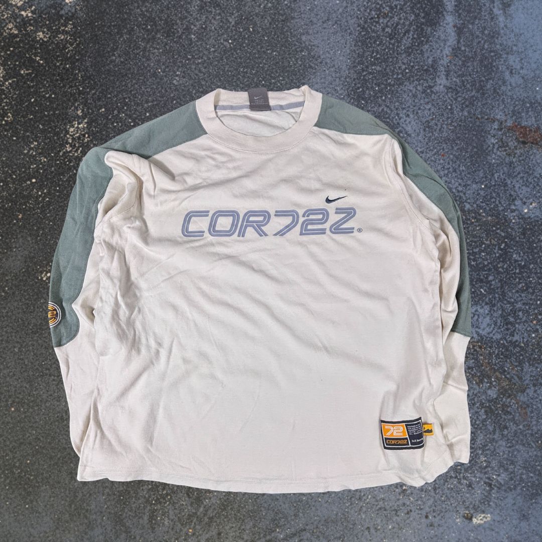 Vintage Y2K Nike Long Sleeve T-Shirt Men’s L White Cortez 72  Green Silver Swoosh Spell Out