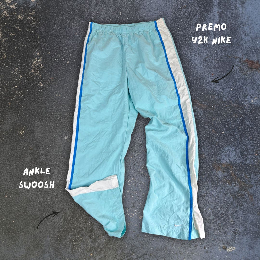 Vintage Y2K Nike Track Pants Women's M Blue Blue White Panels Ankle Swoosh Slit Straight Leg