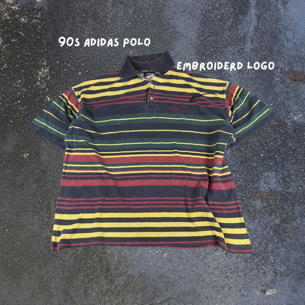 Vintage 90s Adidas Polo Men's L Multicolour Stripe Embroidered Logo