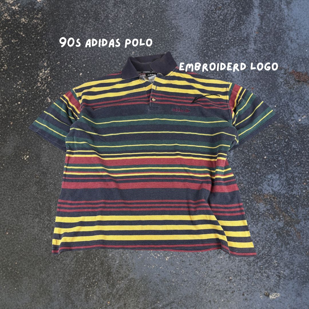 Vintage 90s Adidas Polo Men's L Multicolour Stripe Embroidered Logo
