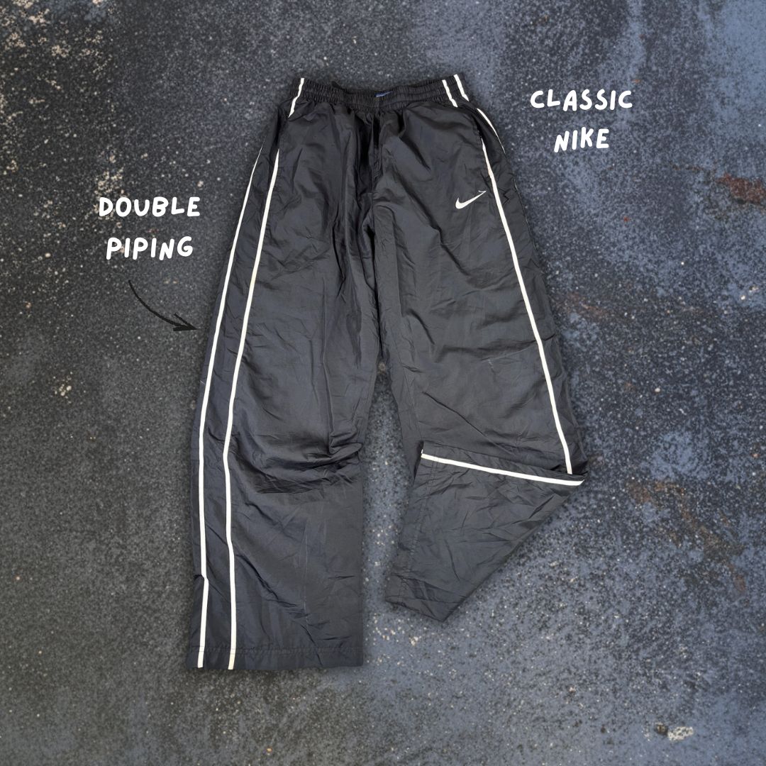 Nike Track Pants Size S Black Double White Piping Hip Swoosh Wide Leg