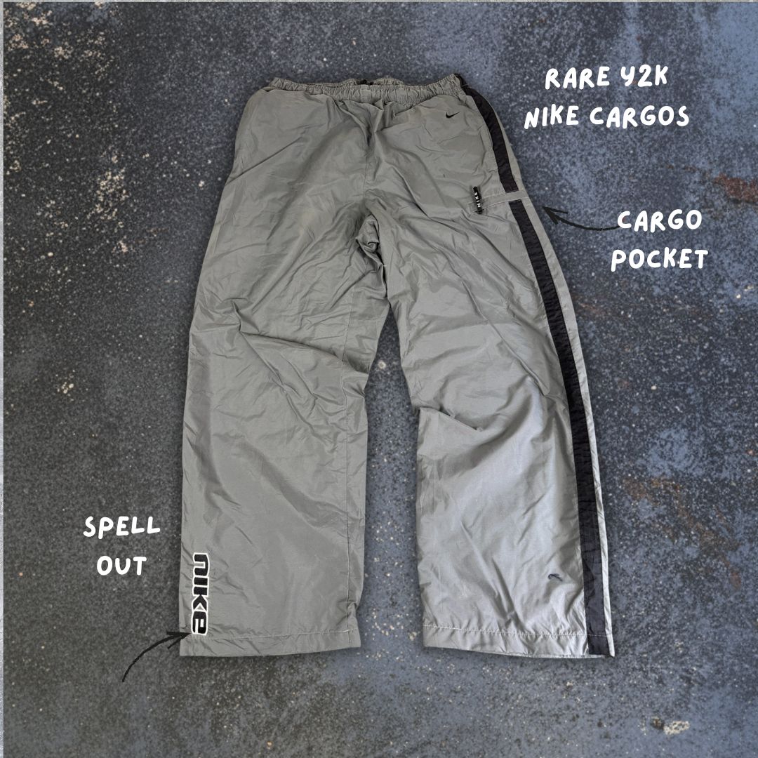 Vintage Y2K Nike Cargo Track Pants Men's L Grey Black Panels Hip Swoosh Spell Out Ankle Zips Wide Leg