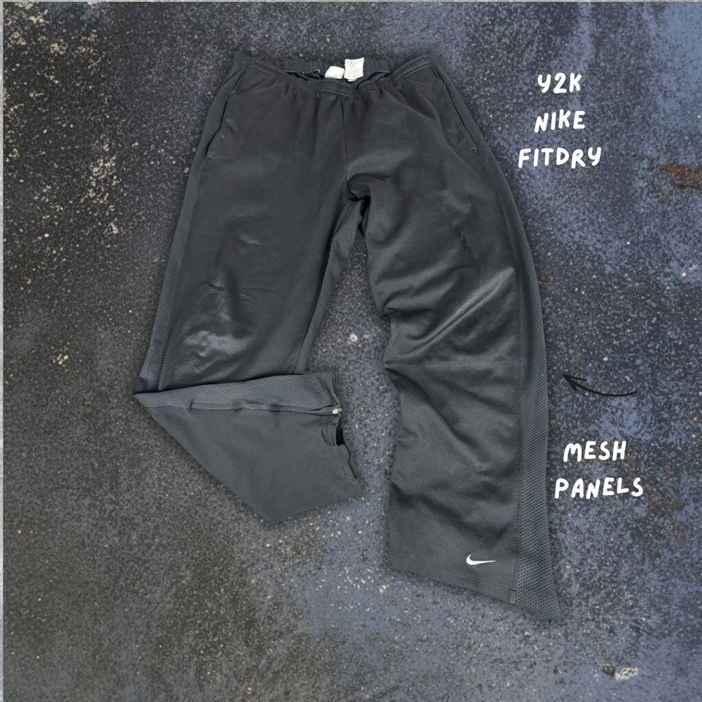Vintage Y2K Nike Fit-Dri Joggers Mens L Black Mesh Panels Ankle Zips