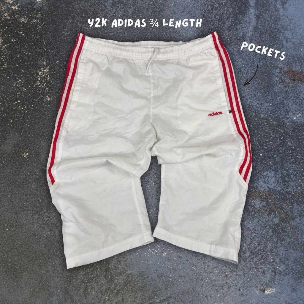 Vintage Y2K Adidas 3/4 Track Pants Men’s XL White Poly Red 3-Stripe Summer Windbreaker