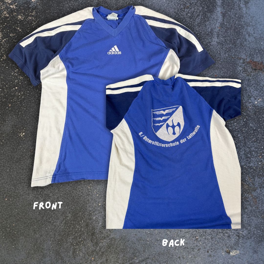 Vintage 90s Adidas T-Shirt Size M Blue White Panels 3-Stripe Centre Logo V-Neck