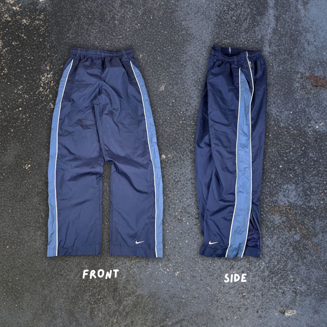 Vintage Y2K Nike Track Pants Women’s S Navy White Piping Blue Panels Wide Leg Ankle Zip
