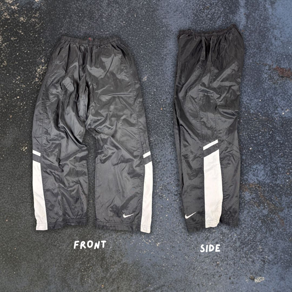 Vintage 90s Nike Track Pants Size L Black White Panels Ankle Swoosh Zip Super Wide Leg