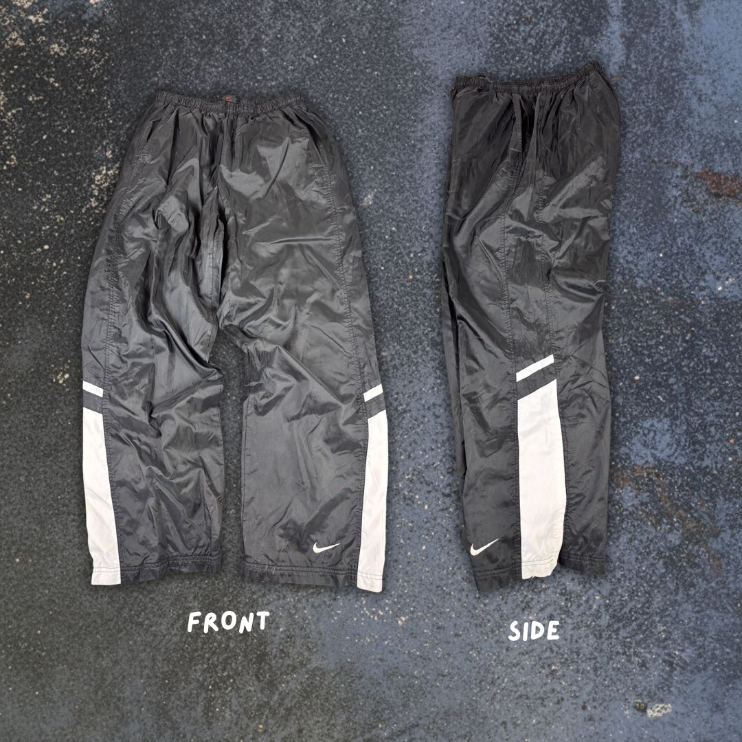 Vintage 90s Nike Track Pants Size L Black White Panels Ankle Swoosh Zip Super Wide Leg