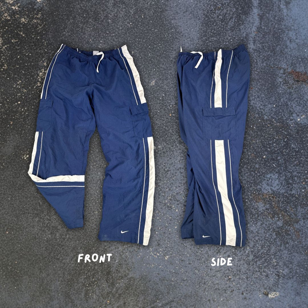 Vintage Y2K Nike Cargo Track Pants XL Navy White Piping Ankle Swoosh Baggy Fit